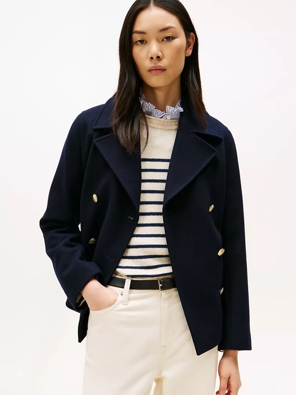 Tommy Hilfiger Navy Blue Wool Blend Double Breasted Peacoat XS